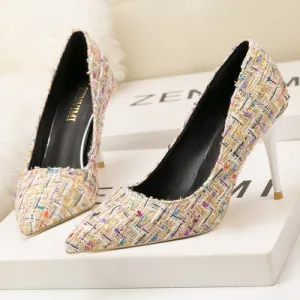 Mixed Colors Woolen Pumps Elegant Shallow High Heels