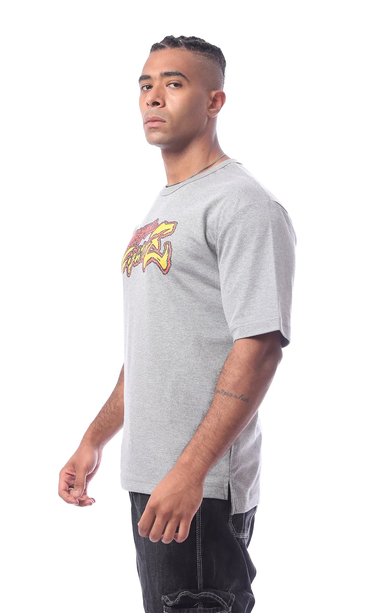 O163654 Grey "Dragon Ball" Printed Round Neck Slip On Tee