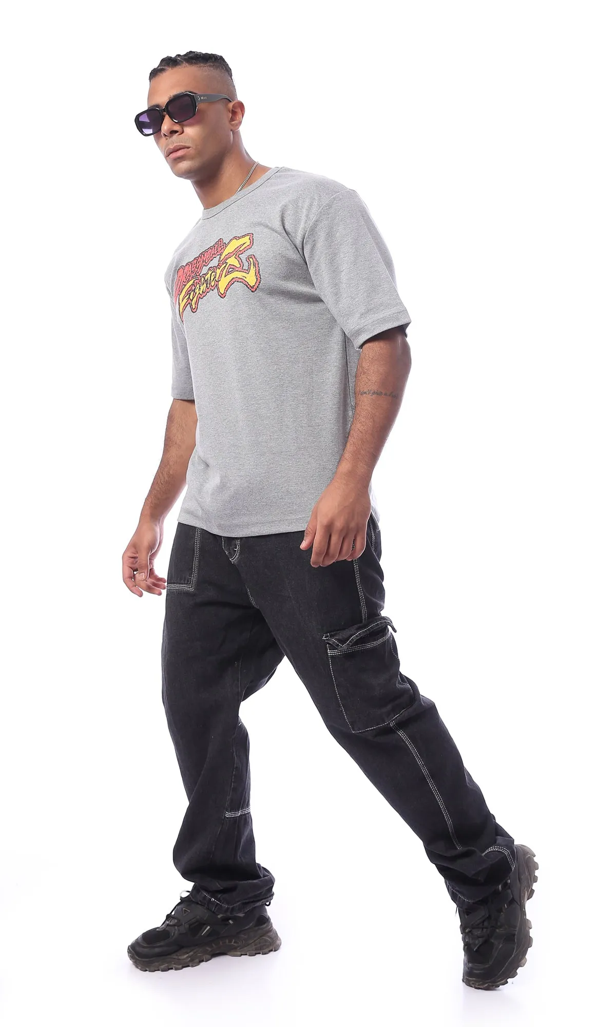 O163654 Grey "Dragon Ball" Printed Round Neck Slip On Tee