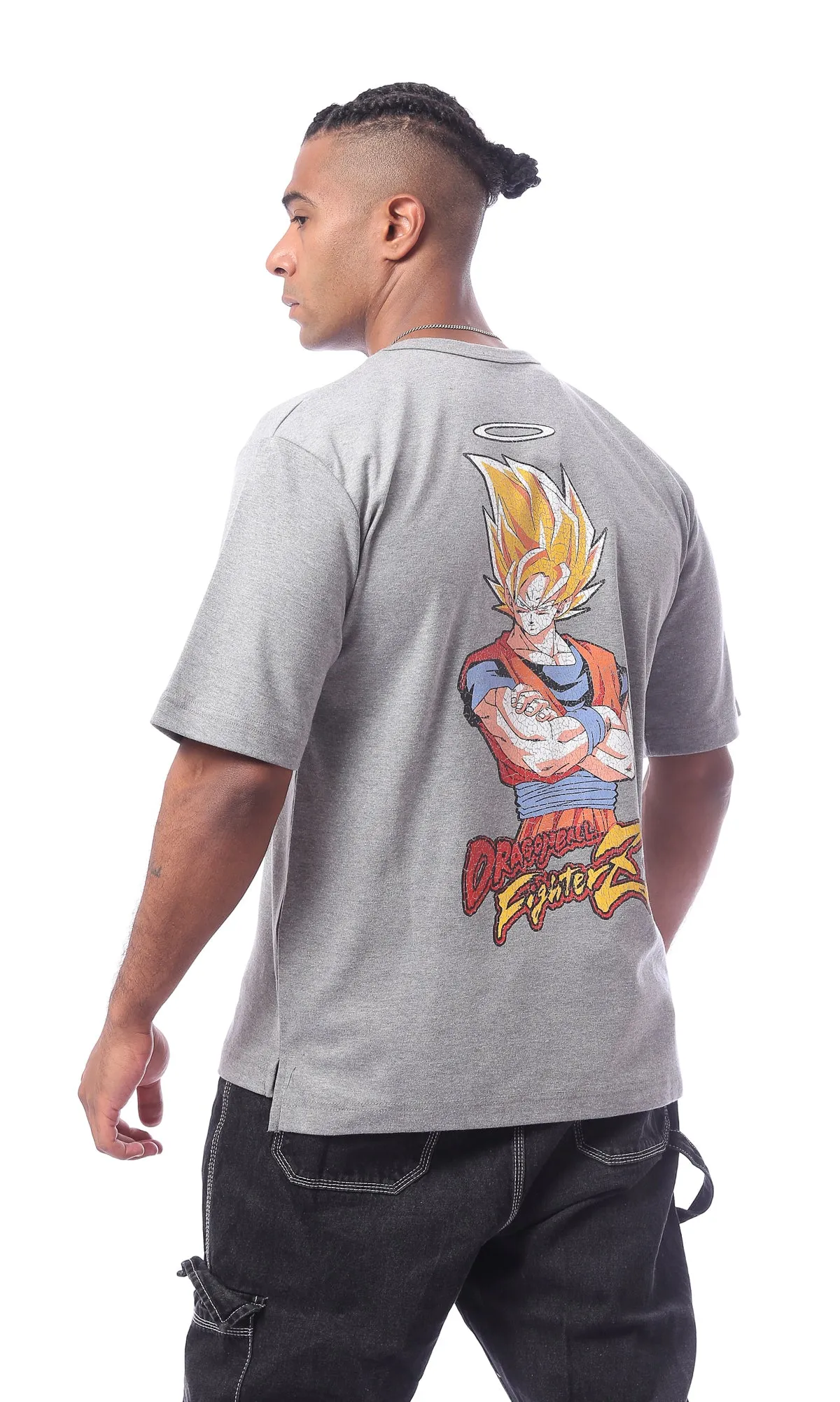 O163654 Grey "Dragon Ball" Printed Round Neck Slip On Tee