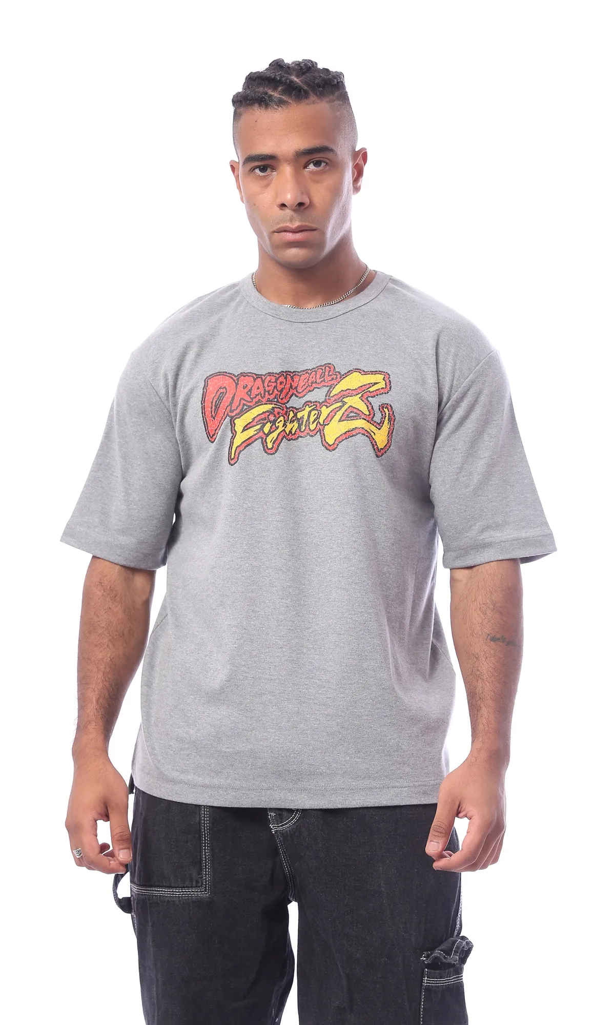 O163654 Grey "Dragon Ball" Printed Round Neck Slip On Tee