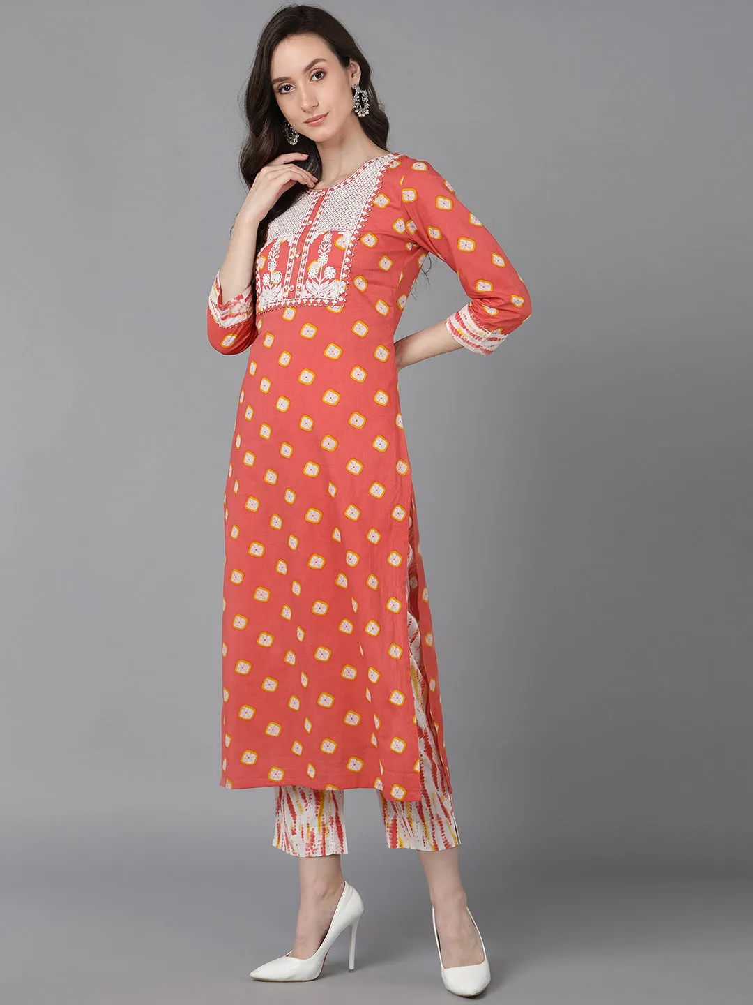 Orange Rayon Blend Bandhani Embroidered 3-Piece Kurta Set