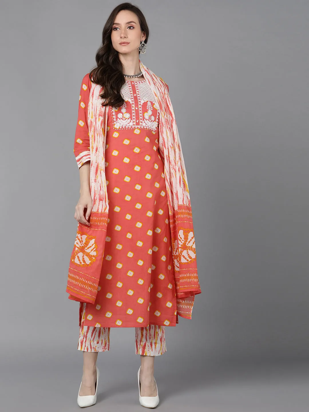 Orange Rayon Blend Bandhani Embroidered 3-Piece Kurta Set