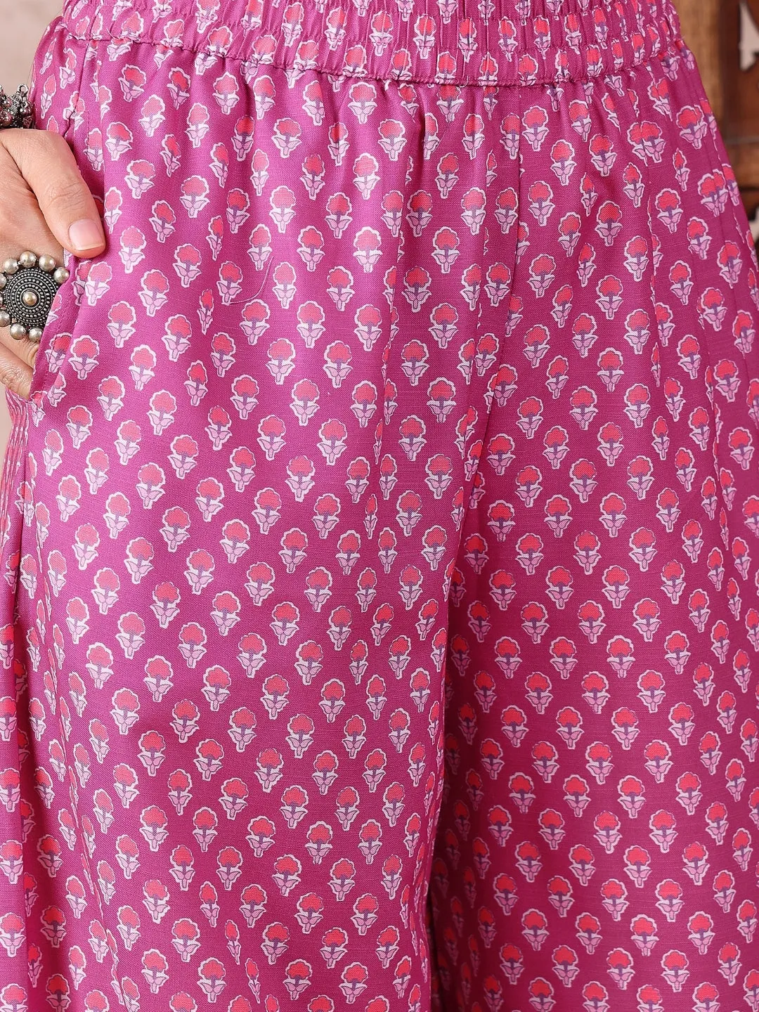 Pink Rayon Blend Floral Printed Kurta Salwar With Dupatta