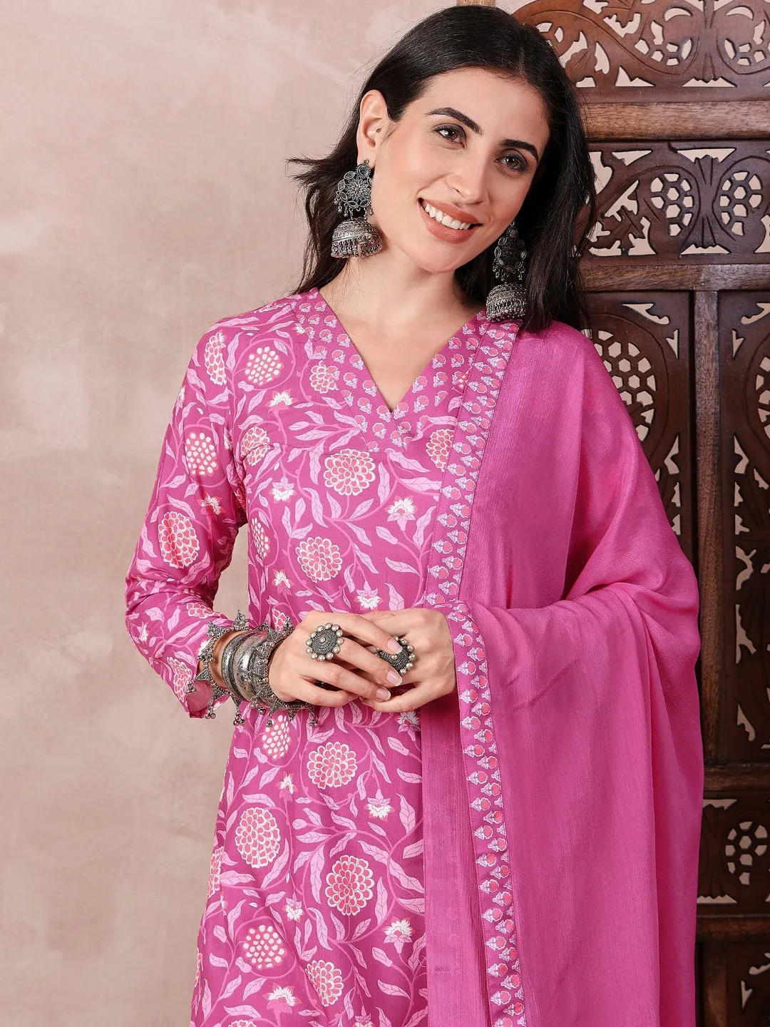 Pink Rayon Blend Floral Printed Kurta Salwar With Dupatta