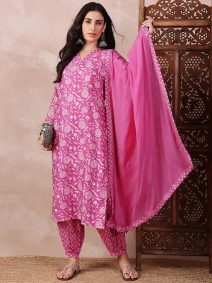 Pink Rayon Blend Floral Printed Kurta Salwar With Dupatta