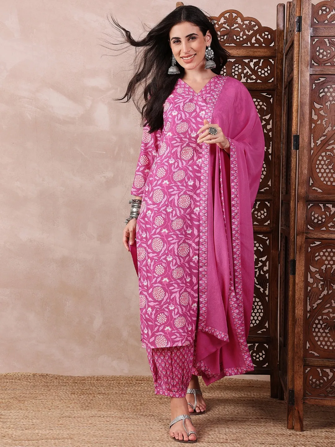 Pink Rayon Blend Floral Printed Kurta Salwar With Dupatta