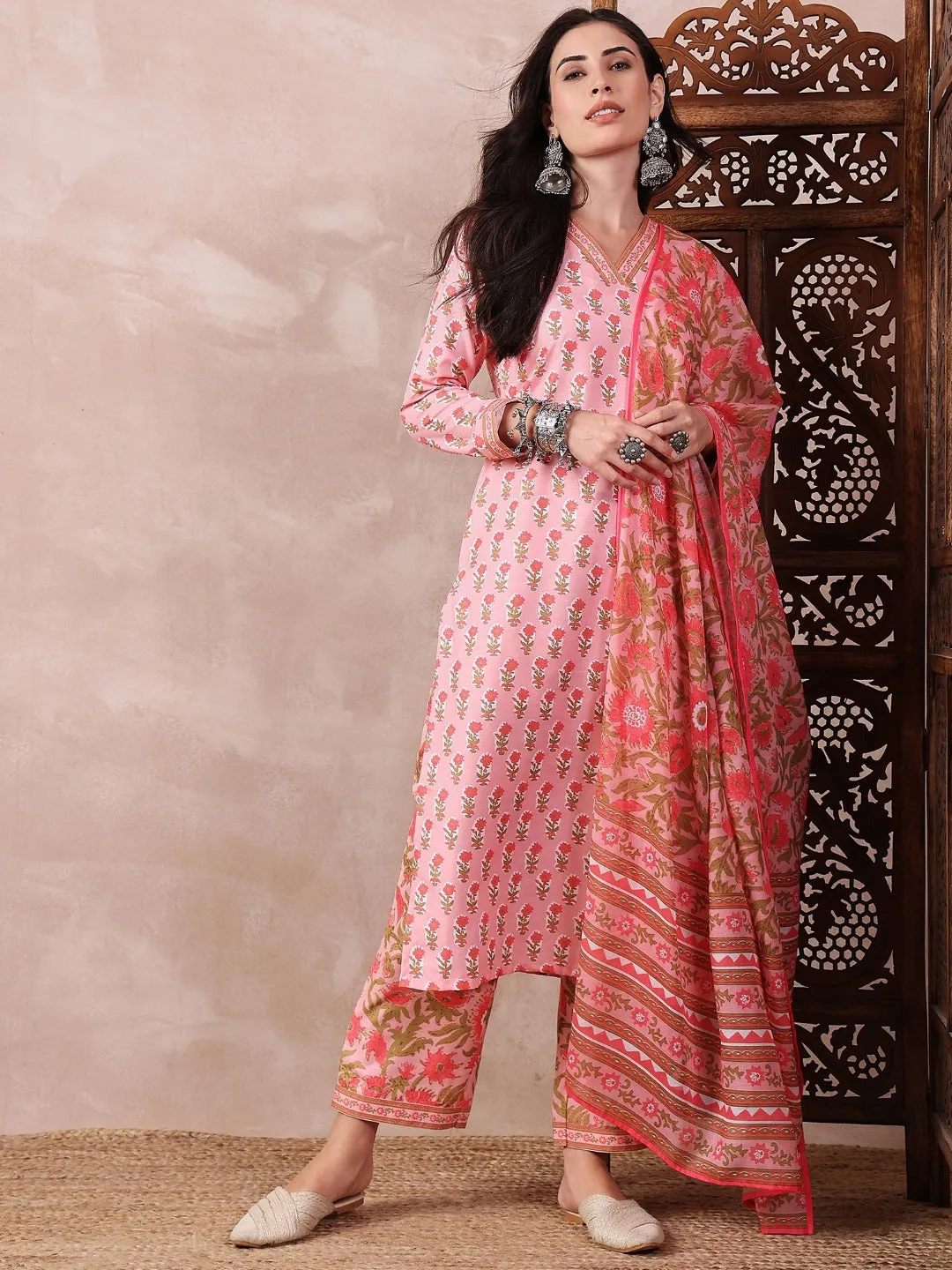 Pink Rayon Blend Printed 3-Piece Kurta Set