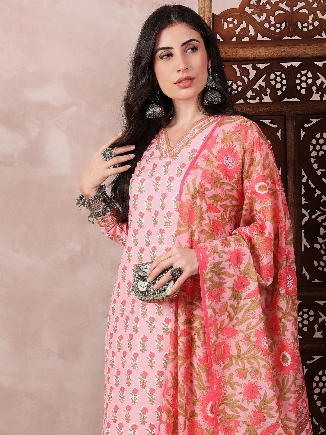 Pink Rayon Blend Printed 3-Piece Kurta Set