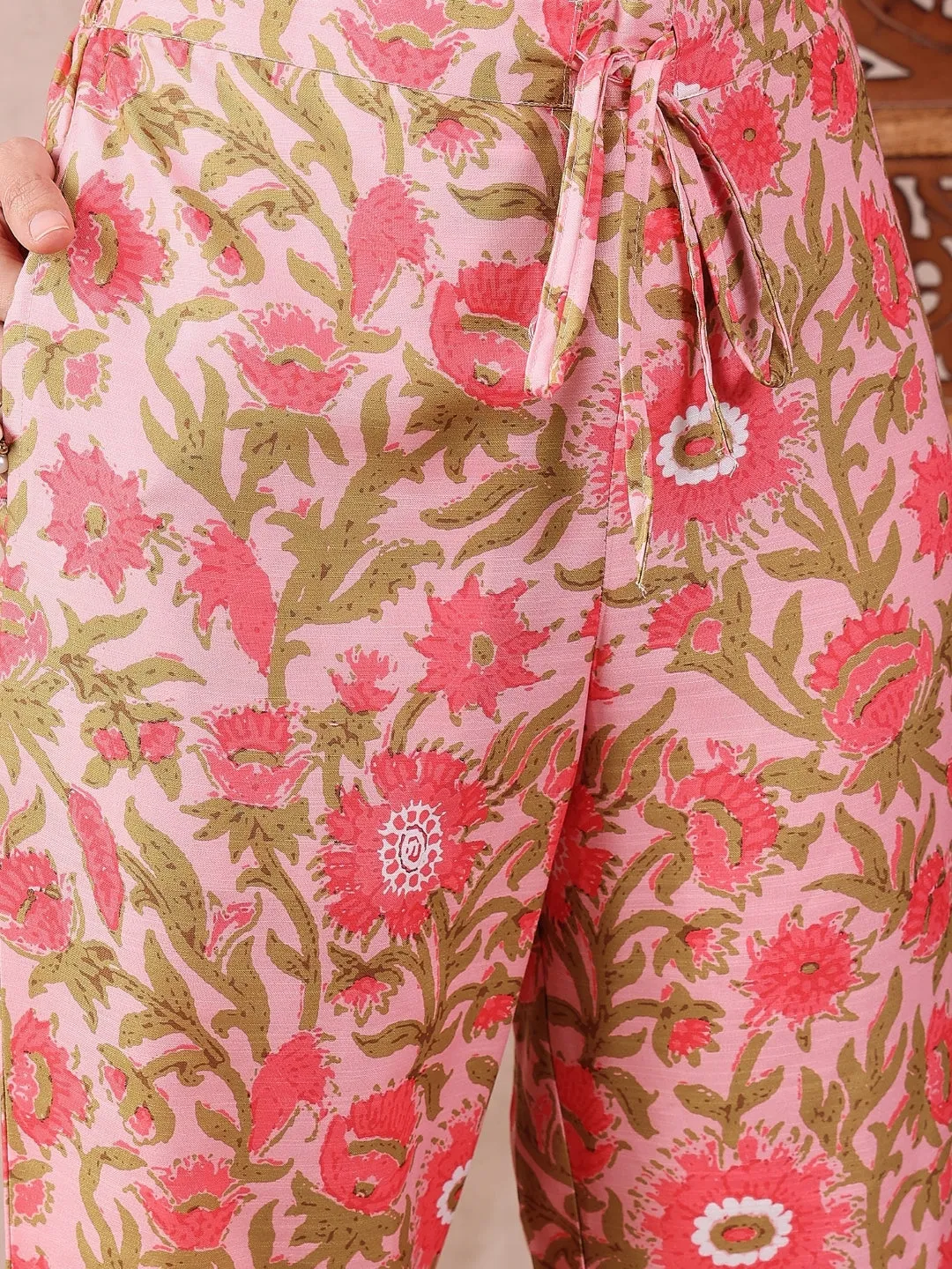 Pink Rayon Blend Printed 3-Piece Kurta Set