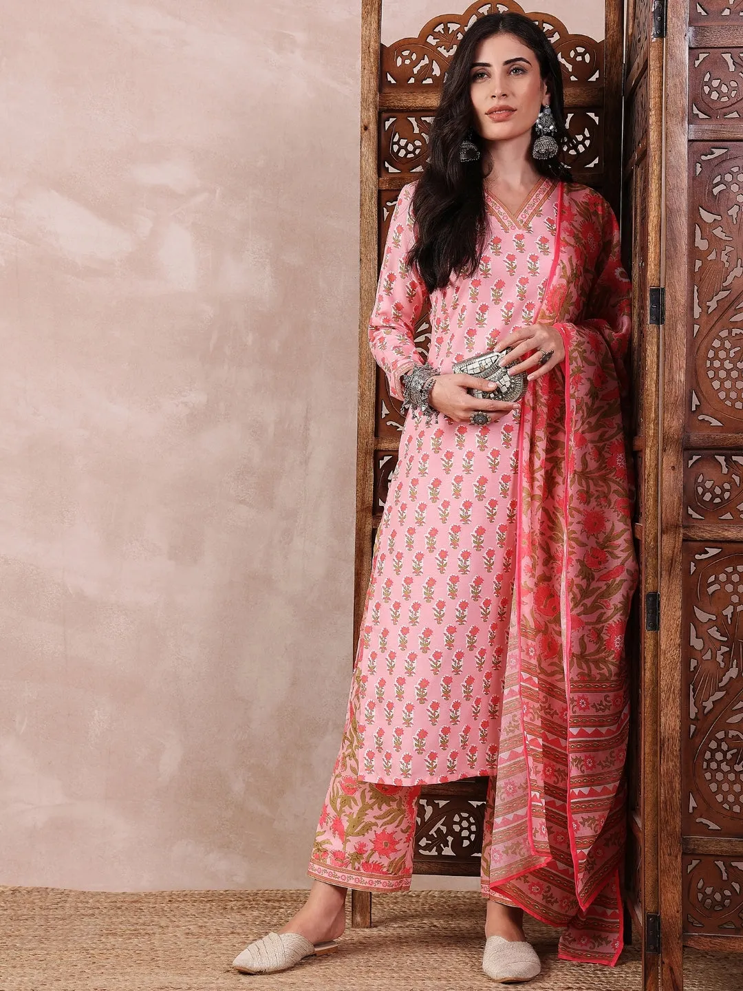 Pink Rayon Blend Printed 3-Piece Kurta Set