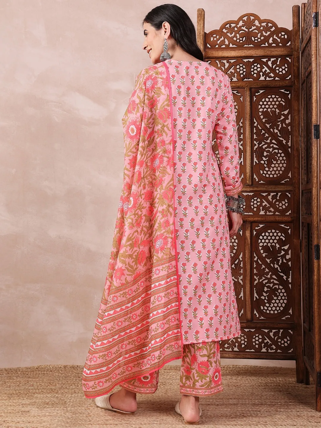 Pink Rayon Blend Printed 3-Piece Kurta Set