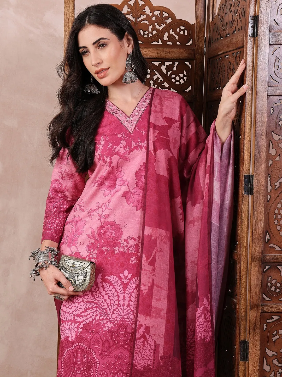 Pink Silk Blend Ethnic Motifs Printed 3-Piece Kurta Set