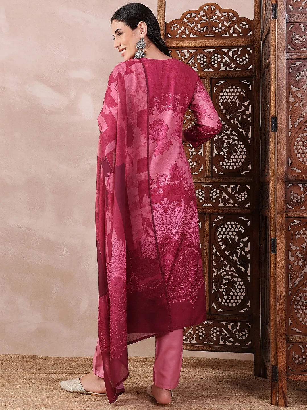 Pink Silk Blend Ethnic Motifs Printed 3-Piece Kurta Set