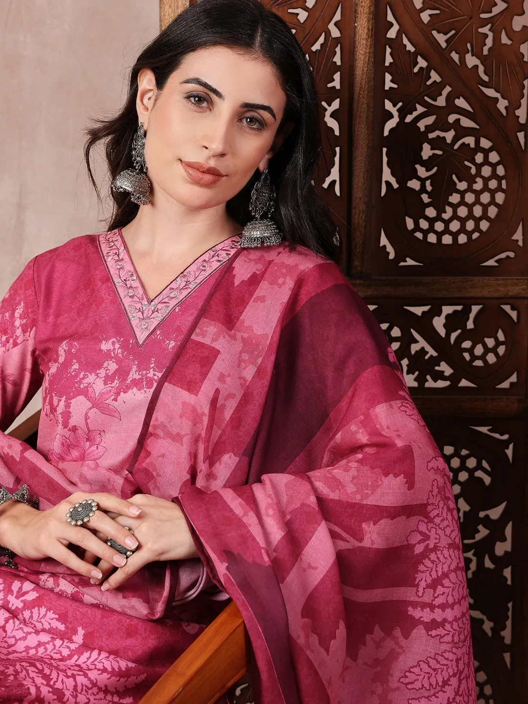 Pink Silk Blend Ethnic Motifs Printed 3-Piece Kurta Set