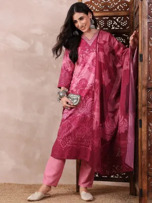 Pink Silk Blend Ethnic Motifs Printed 3-Piece Kurta Set