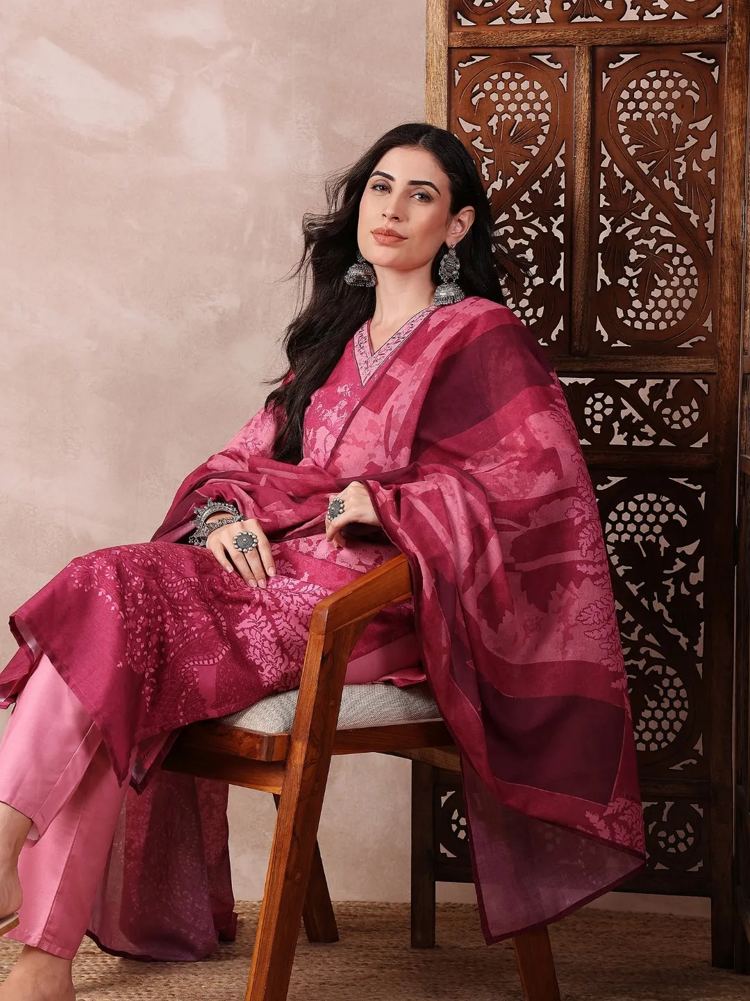 Pink Silk Blend Ethnic Motifs Printed 3-Piece Kurta Set