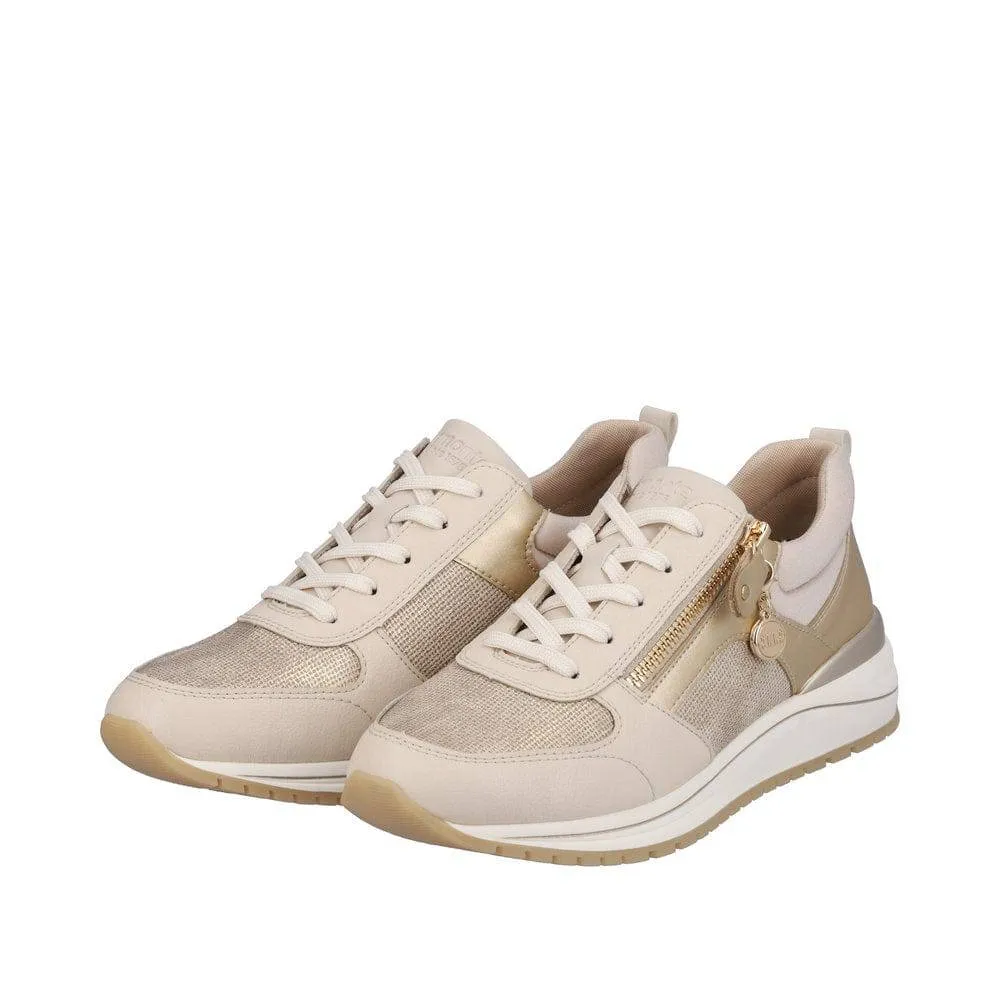 Remonte R3702-60 Ladies Beige & Gold Leather & Textile Zip & Lace Trainers