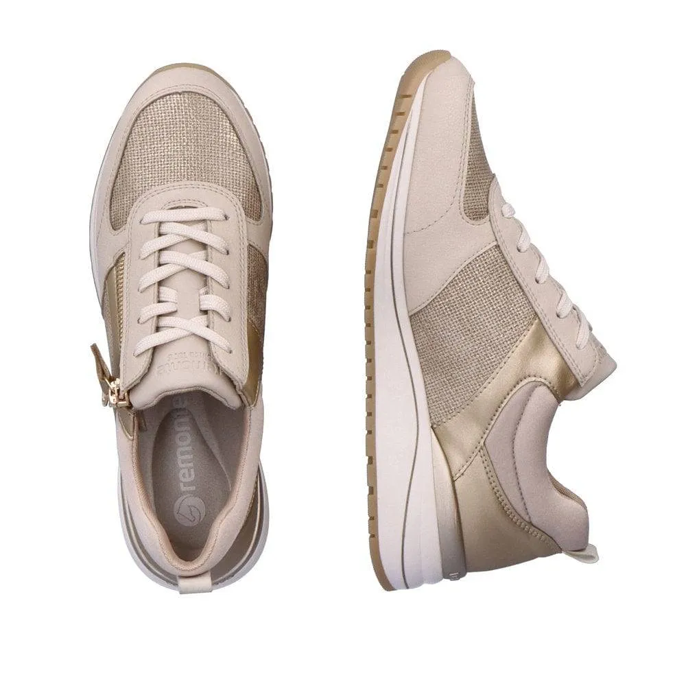 Remonte R3702-60 Ladies Beige & Gold Leather & Textile Zip & Lace Trainers