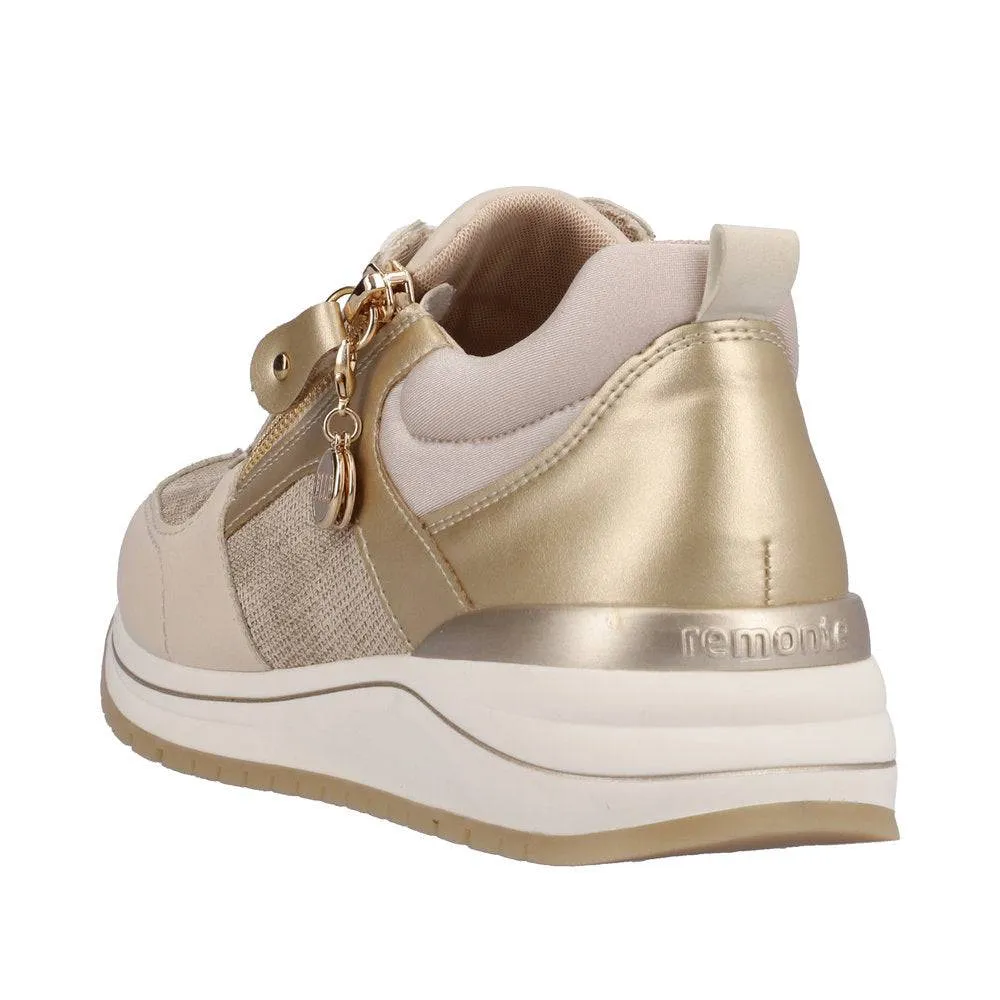 Remonte R3702-60 Ladies Beige & Gold Leather & Textile Zip & Lace Trainers