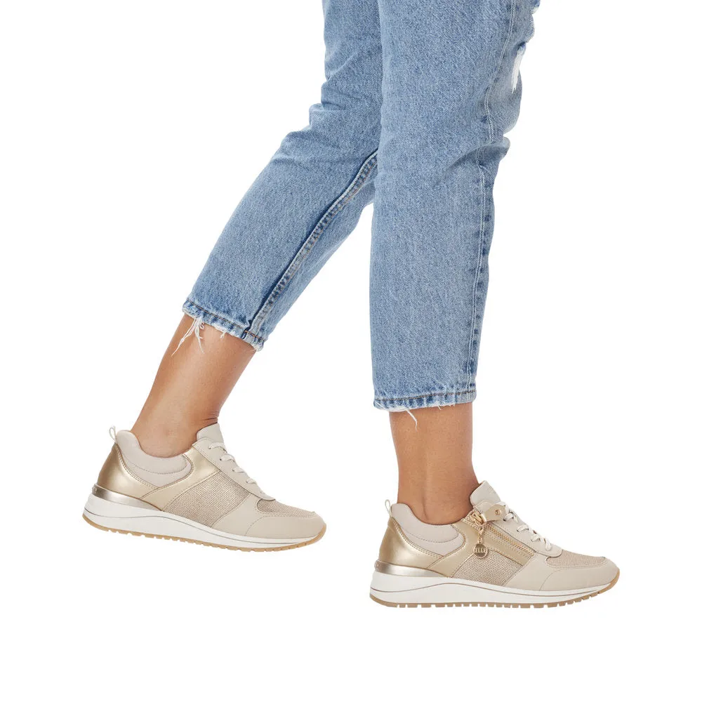 Remonte R3702-60 Ladies Beige & Gold Leather & Textile Zip & Lace Trainers