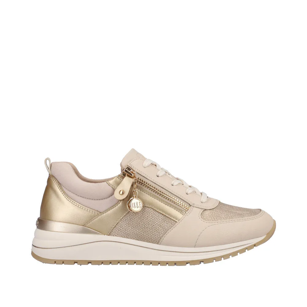 Remonte R3702-60 Ladies Beige & Gold Leather & Textile Zip & Lace Trainers