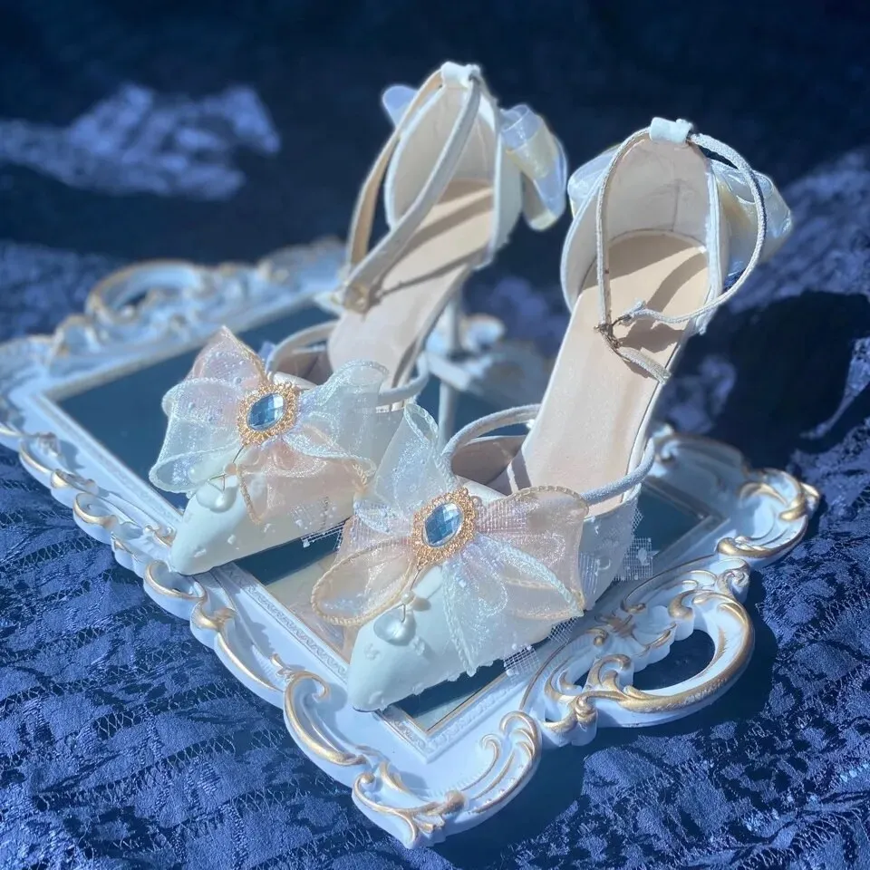 Retro Romantic Palace Style Cosplay Elegant Flower Wedding Girl Tea Party Gorgeous Gem Pearl Bow Lace 8cm High Heeled Shoes