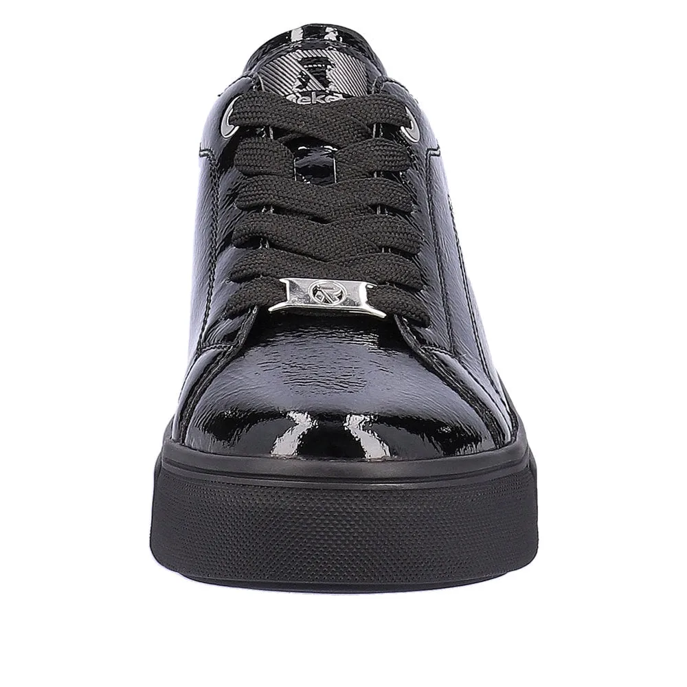 Rieker W0501-00 Ladies Black Patent Leather Lace Up Trainers