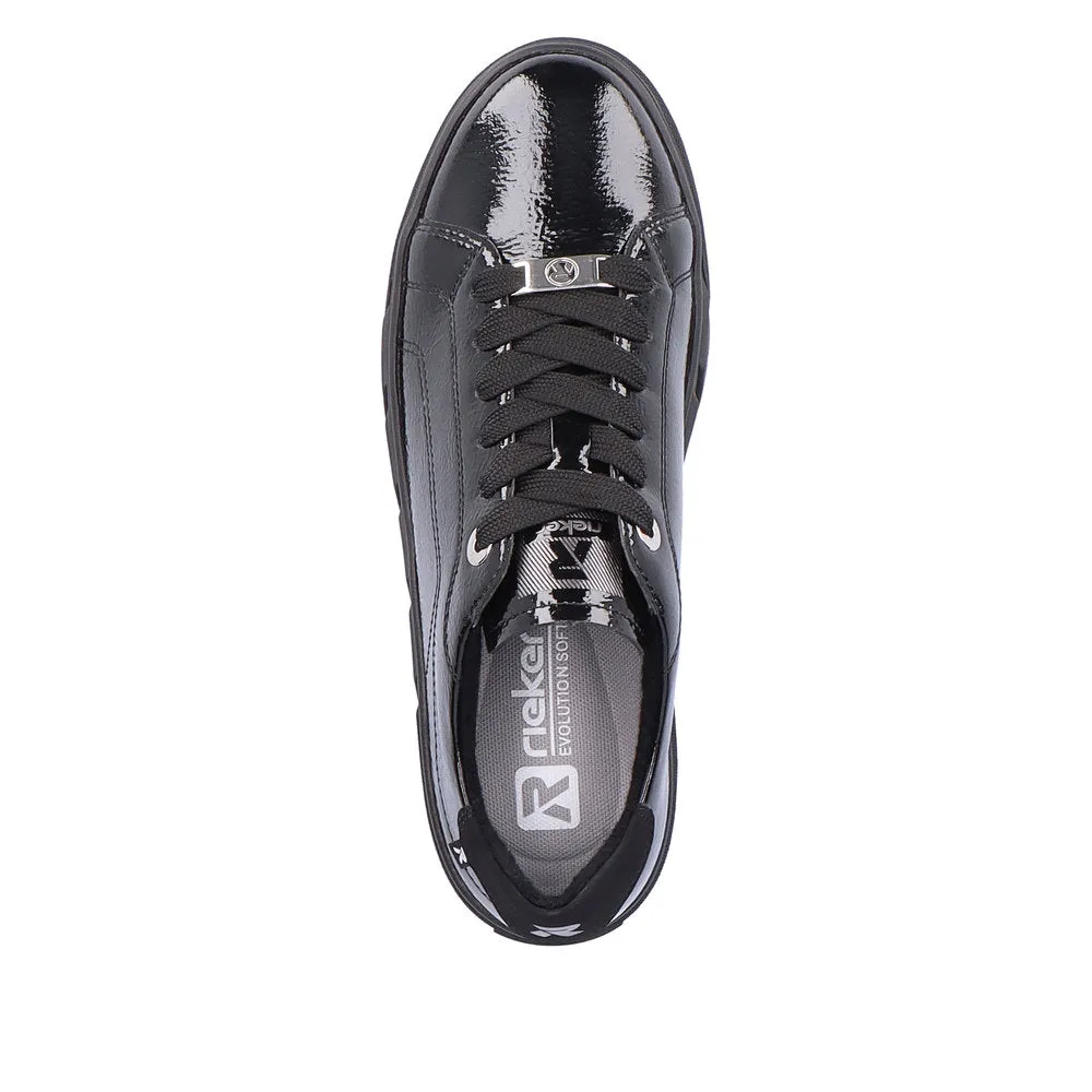 Rieker W0501-00 Ladies Black Patent Leather Lace Up Trainers