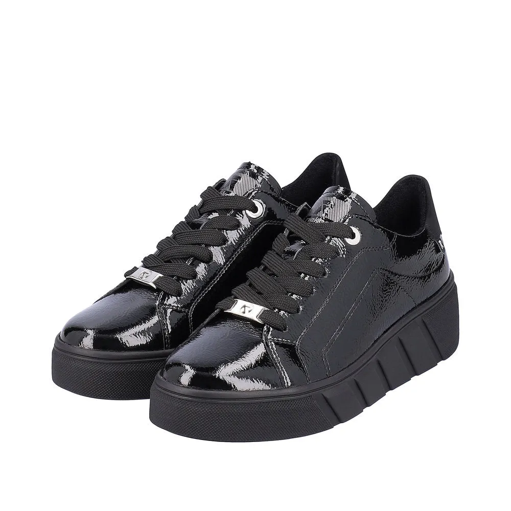 Rieker W0501-00 Ladies Black Patent Leather Lace Up Trainers