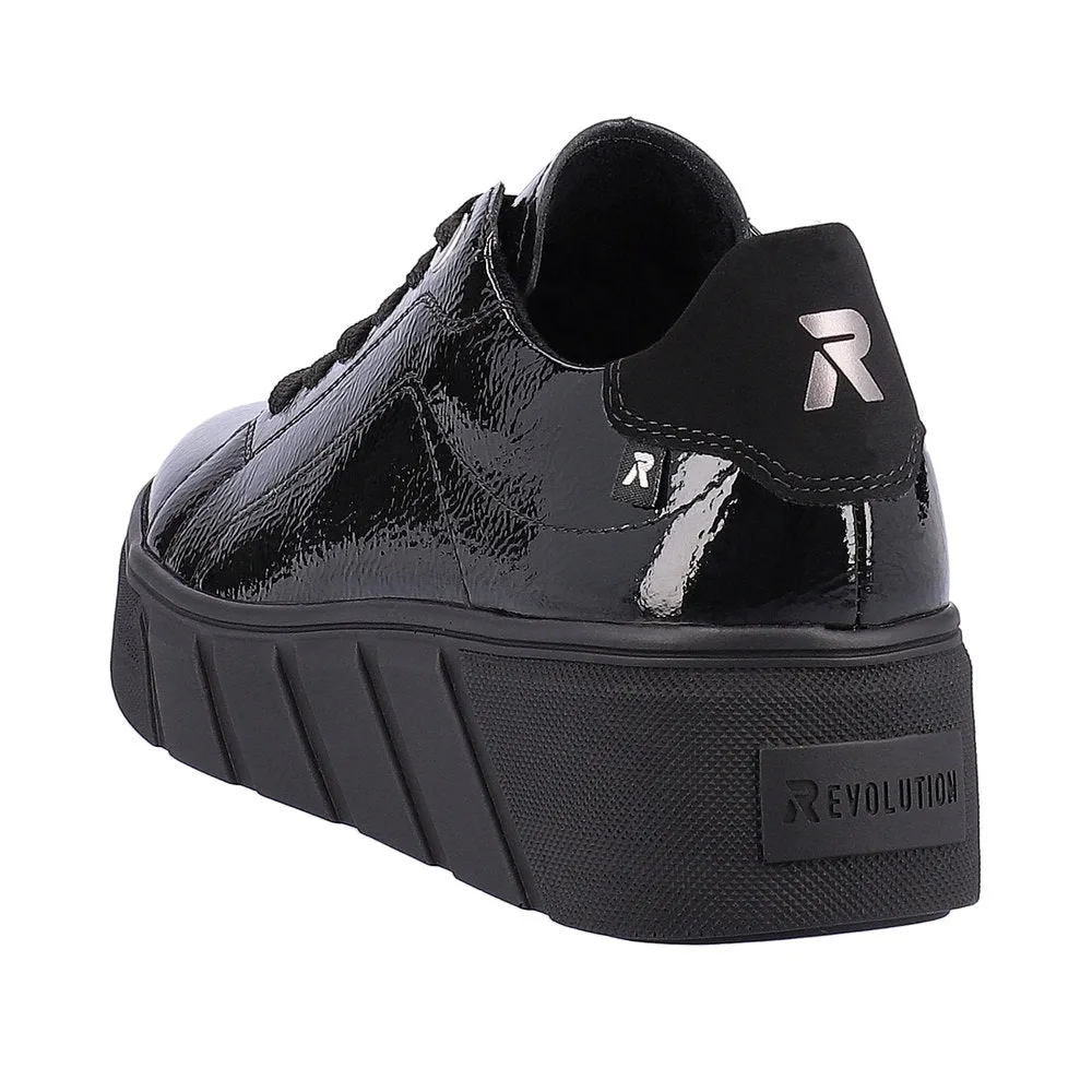 Rieker W0501-00 Ladies Black Patent Leather Lace Up Trainers
