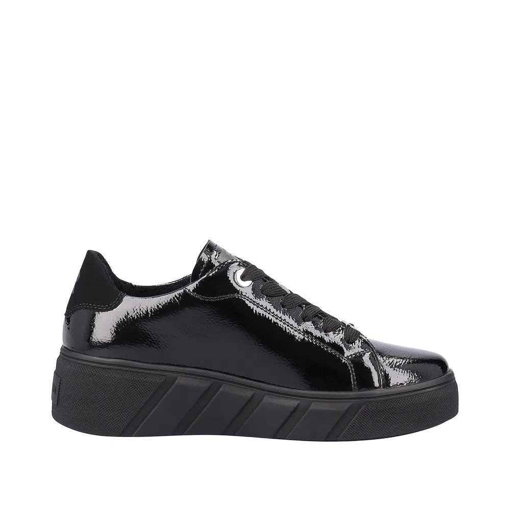 Rieker W0501-00 Ladies Black Patent Leather Lace Up Trainers