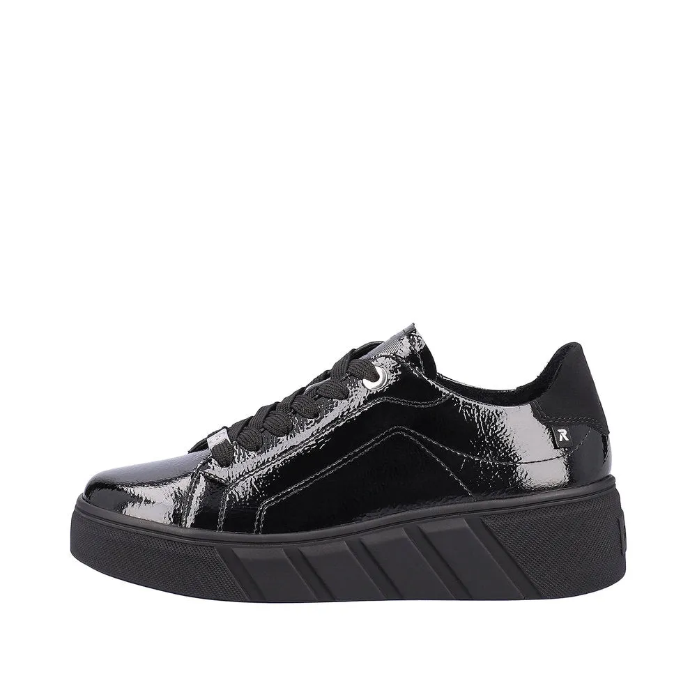Rieker W0501-00 Ladies Black Patent Leather Lace Up Trainers