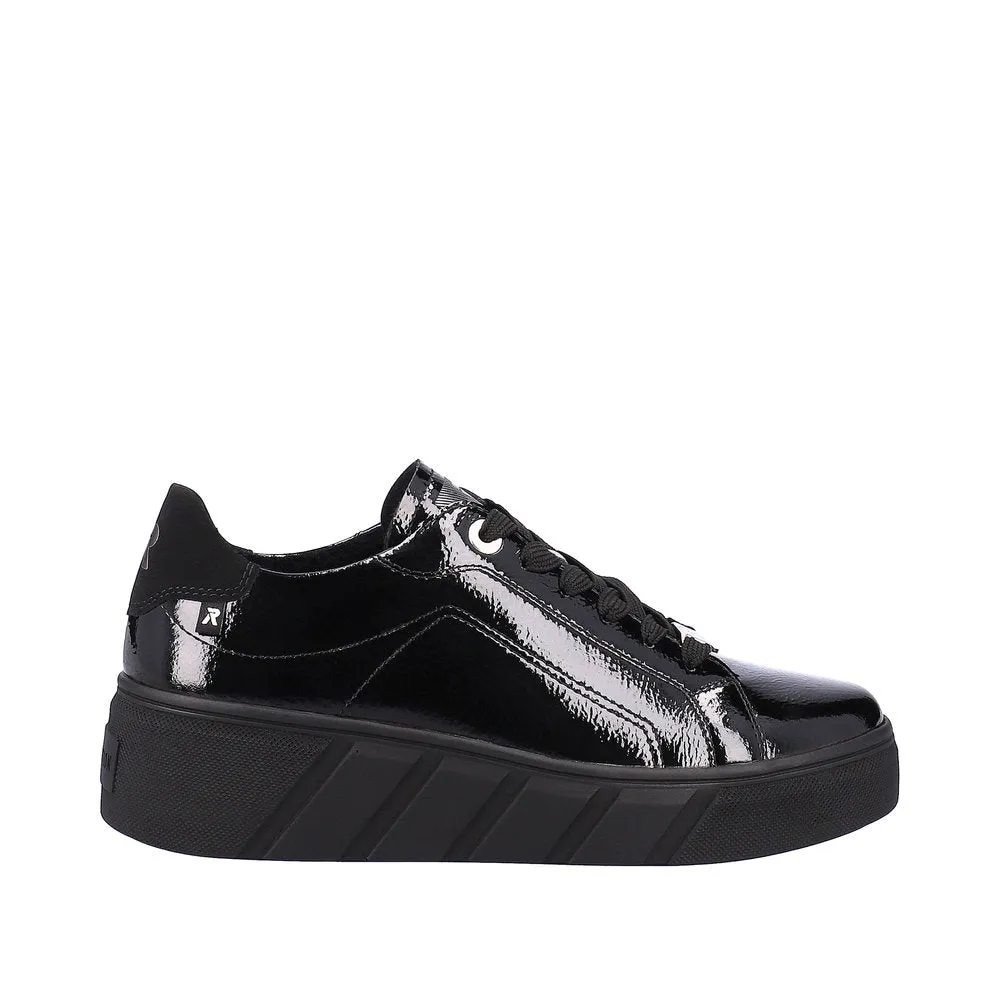 Rieker W0501-00 Ladies Black Patent Leather Lace Up Trainers