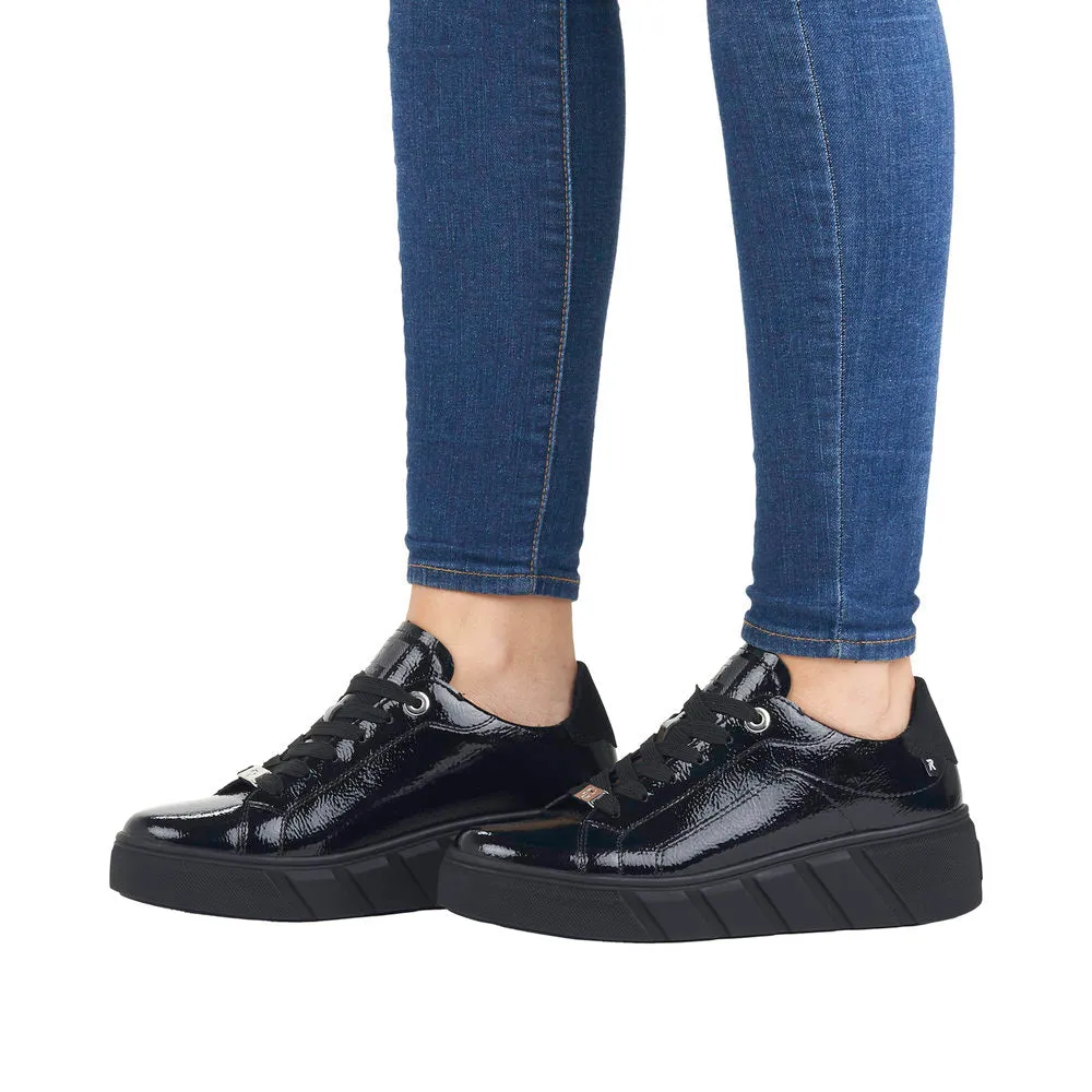 Rieker W0501-00 Ladies Black Patent Leather Lace Up Trainers