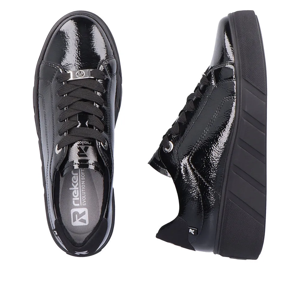 Rieker W0501-00 Ladies Black Patent Leather Lace Up Trainers