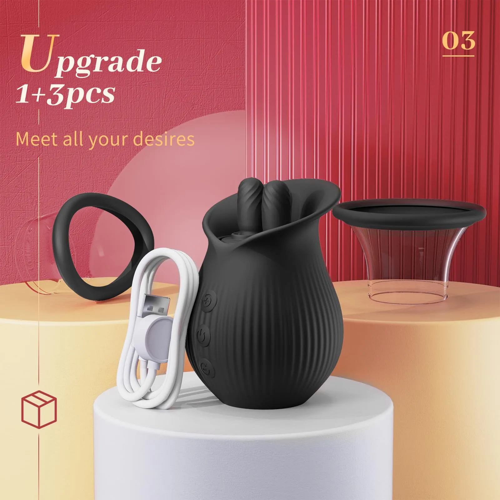 Rose Romeo - 3in1 Rose Sex Toy with 2 Suction Cups, Adult Toys Female Clitoral Nipple Vibrators with 10 Licking Sucking Vibrating