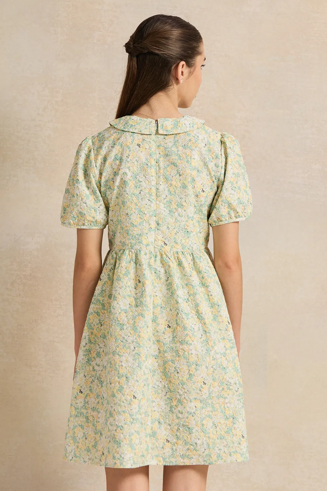 Senior Girls Multicolour Printed Dobby Peter Pan Collar Dress