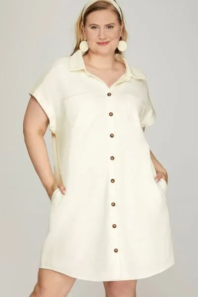 She   Sky Full Size Folded Cuff Button Down Washed Twill Shirt Dress Plus Size