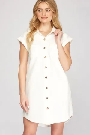 She   Sky Full Size Folded Cuff Button Down Washed Twill Shirt Dress Plus Size
