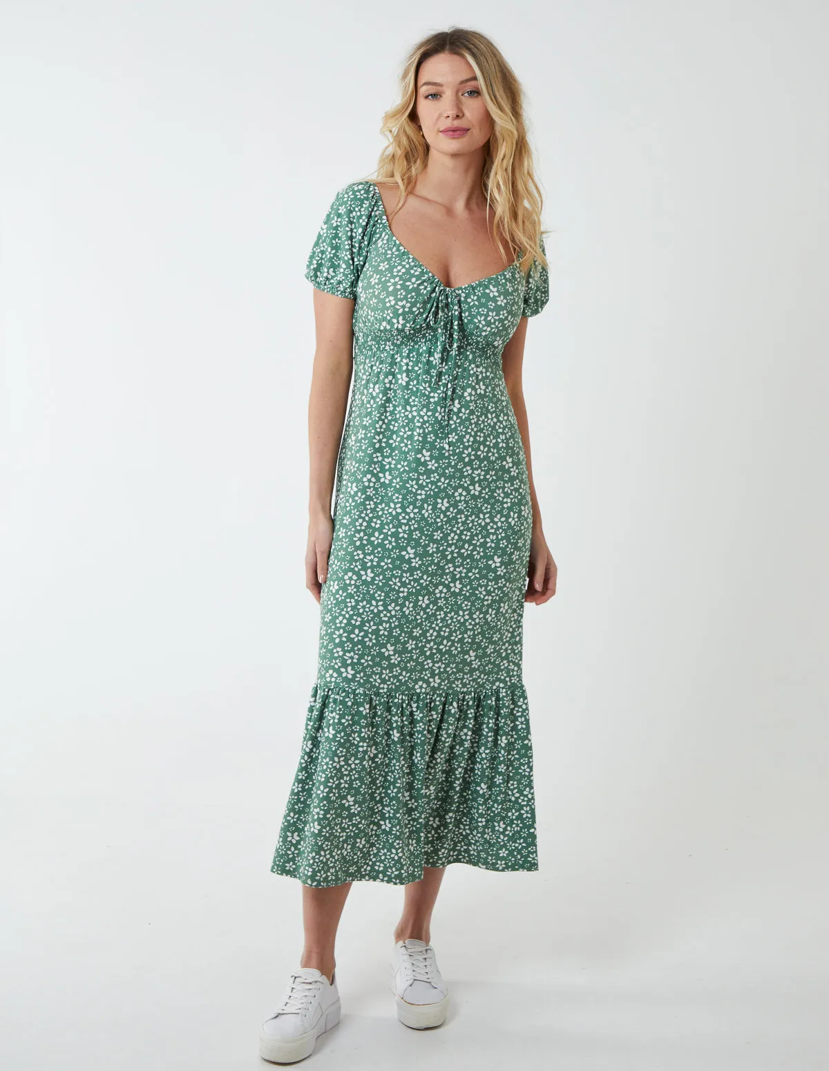 Shirred Milkmaid Sweetheart Midi Dress