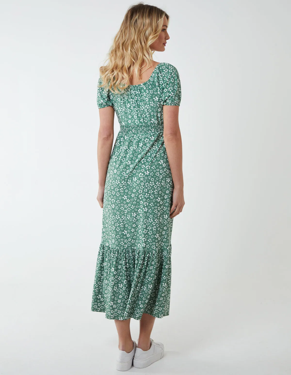 Shirred Milkmaid Sweetheart Midi Dress