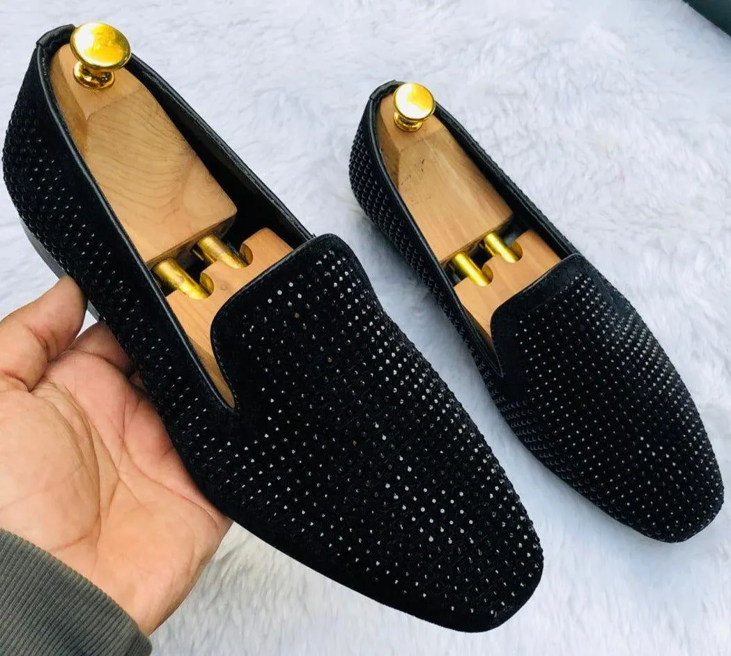 Stone Studded Black Moccasins