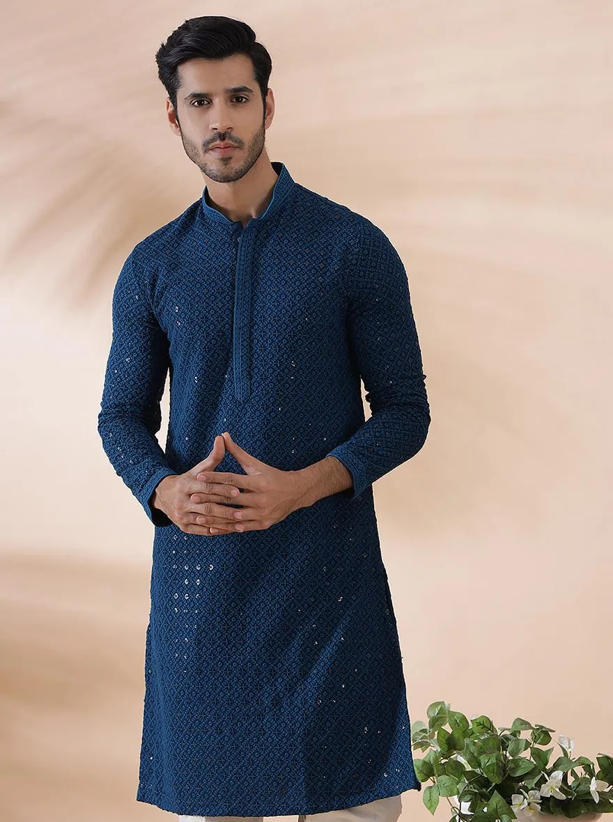 Teal Blue Embroidered Kurta | The Kurta Company