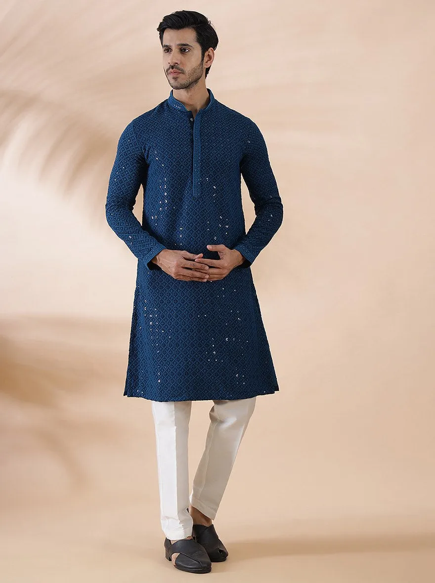 Teal Blue Embroidered Kurta | The Kurta Company