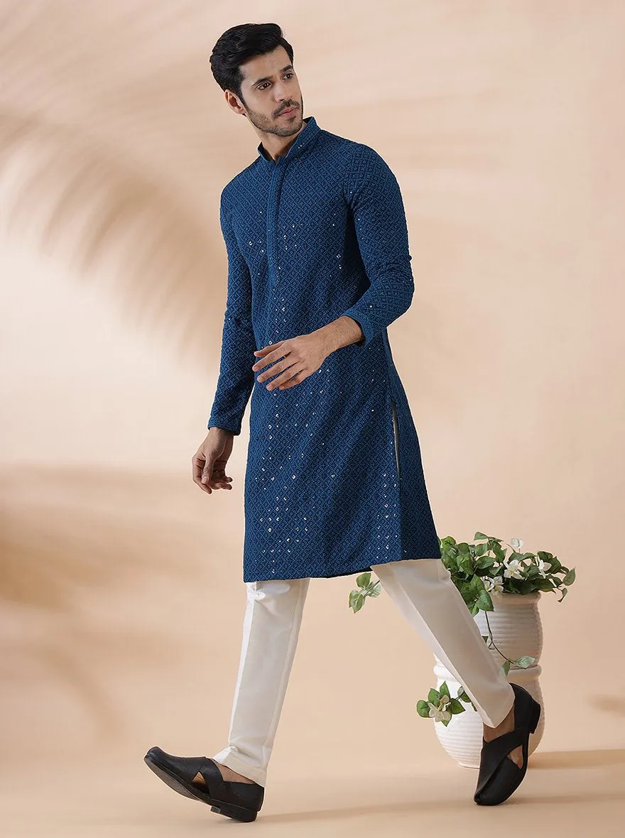 Teal Blue Embroidered Kurta | The Kurta Company