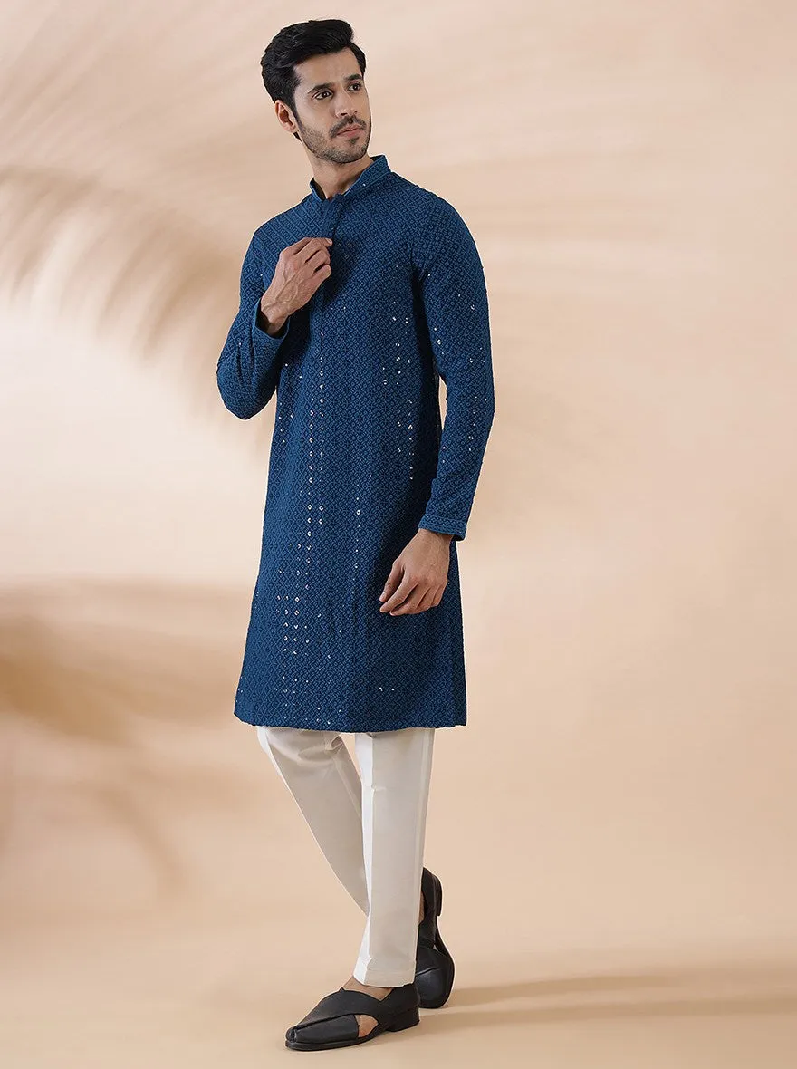 Teal Blue Embroidered Kurta | The Kurta Company