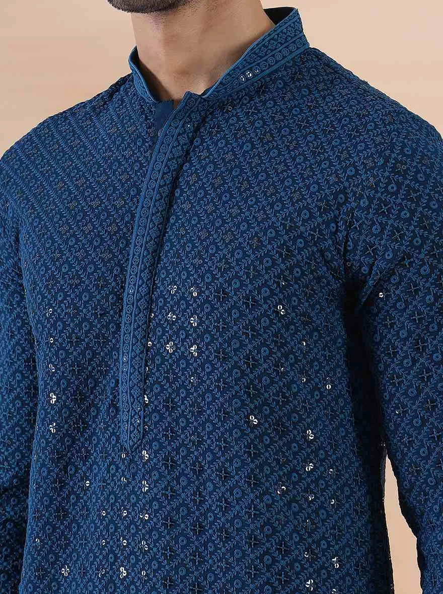 Teal Blue Embroidered Kurta | The Kurta Company