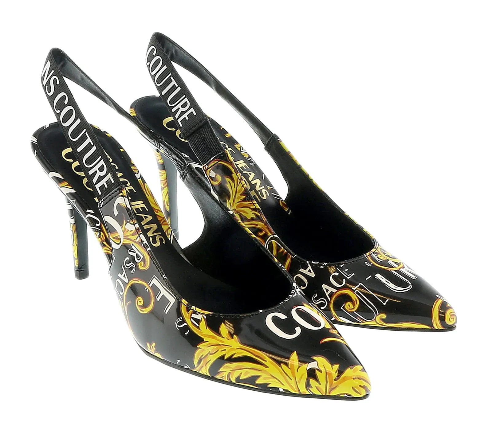 Versace Jeans Couture Black Gold Baroque Print High Heel Slingbacks-