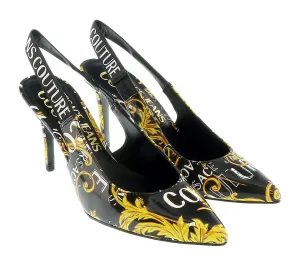 Versace Jeans Couture Black Gold Baroque Print High Heel Slingbacks-